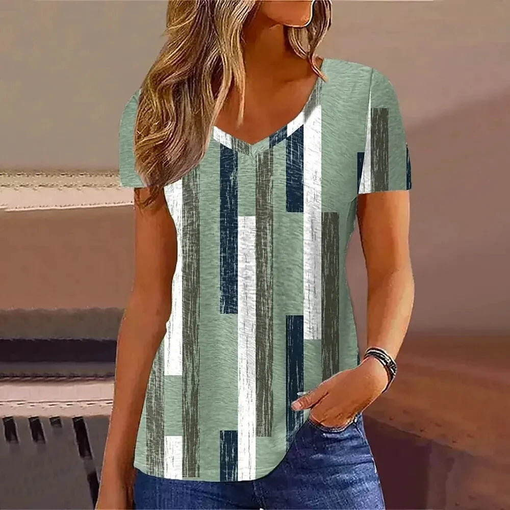 Women's 3D Flower Print V-Neck T-Shirt - Oversized Kawaii Summer Casual Blouse Top Fashion Clothing