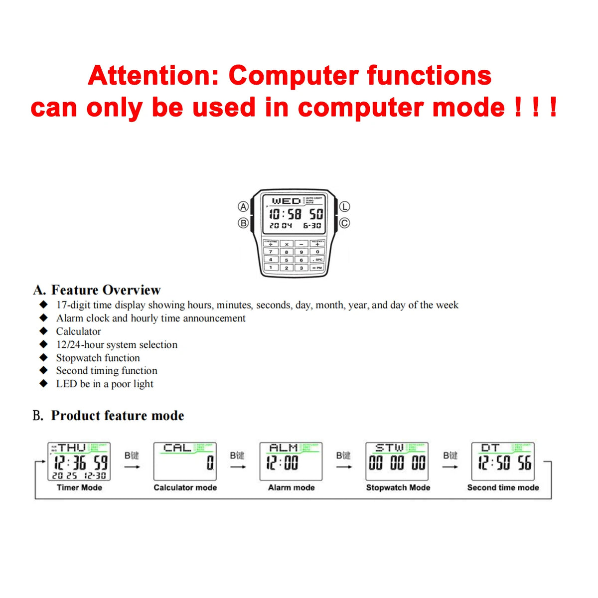 Transparent Plastic Calculator Watch - Men’s Multifunction Luminous LED Digital Computer-Style Wristwatch