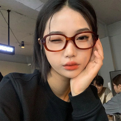 Retro Square Oval Blue Light Glasses – Thick Red Frame Korean Fashion Eyewear for Women
