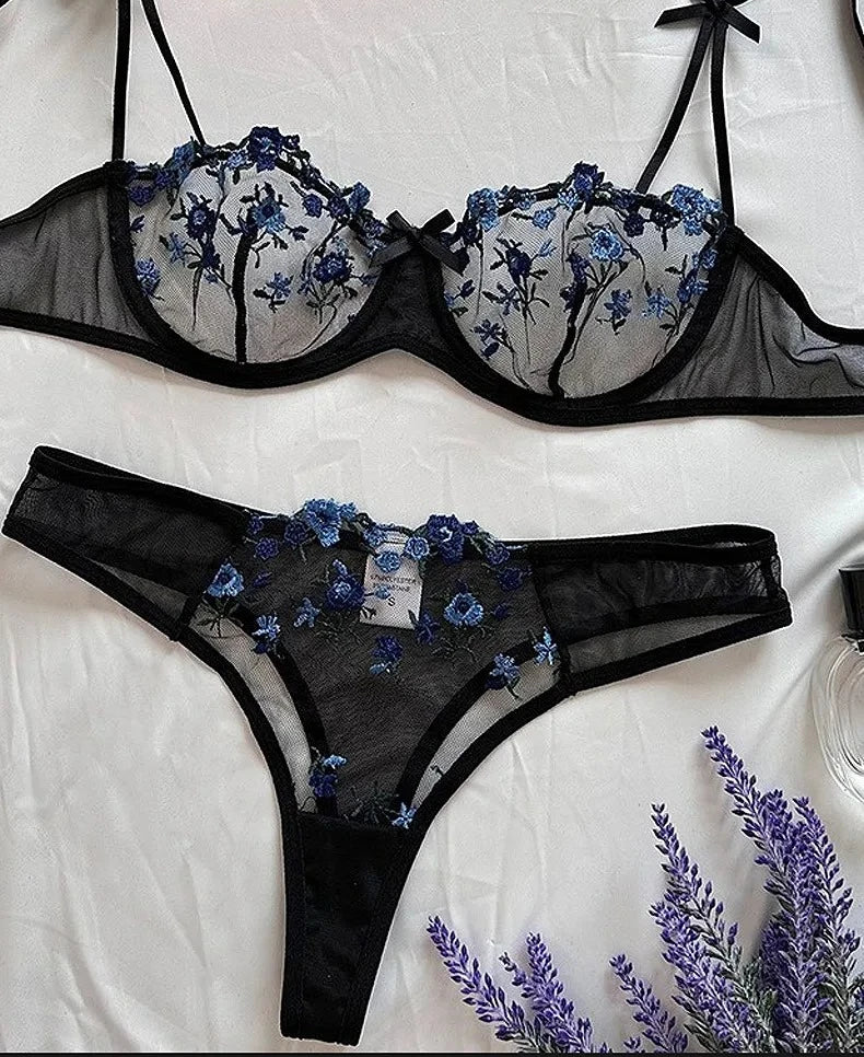 Sexy Lace Floral Lingerie Set for Women — Transparent Bra & Underwear Party Set, Sizes S-XL