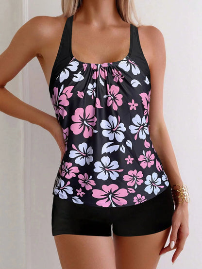 Women’s Floral Tankini Swim Set - Adjustable Strap Vest Top & Drawstring Shorts Bikini Beachwear for Summer