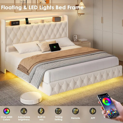 Floating Queen Size Bed Frame – Modern Upholstered Platform Bed with LED Lights, USB Charging Headboard & Velvet Fabric