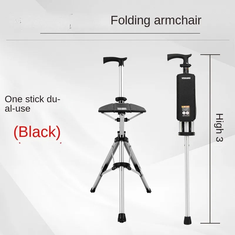 Multi-Functional Non-Slip Walking Stick with Seat – One-Key Foldable Crutch Chair, Triangular Bracing Elderly Hiking Pole Walker