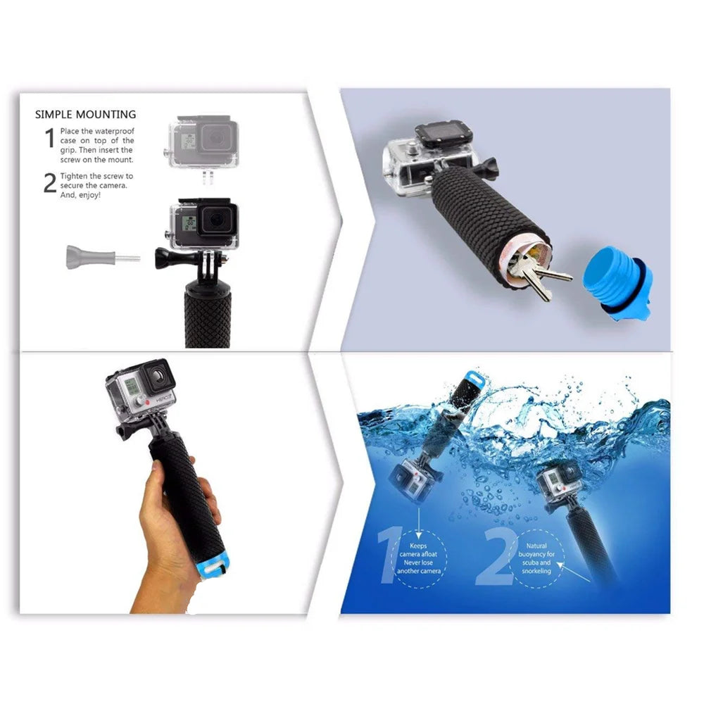 Water Floating Hand Grip Handle Mount: Float Accessories for GoPro Hero 11-5, Xiaomi Yi 4K, Sjcam, DJI Osmo Action Camera