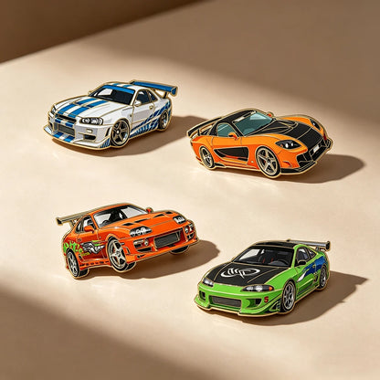 Sports Car Enamel Pins 4-Piece Set - Cartoon Lapel Brooches for Backpacks, Clothing and Fashion Accessories