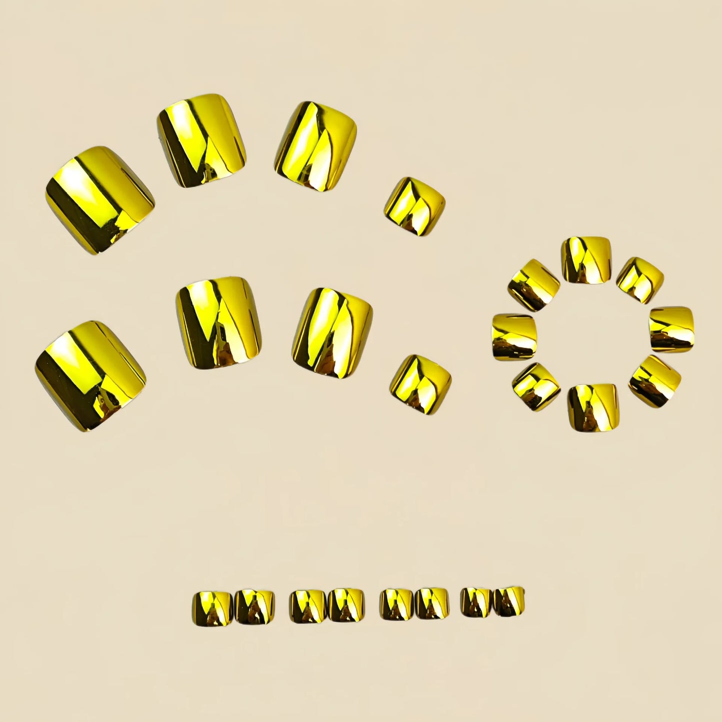 24Pcs Glossy Gold Press-On Toenails - Electroplated Metal Design Square False Toenails for Women & Girls