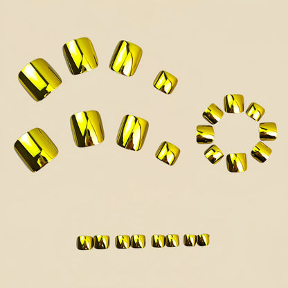 24Pcs Glossy Gold Press-On Toenails - Electroplated Metal Design Square False Toenails for Women & Girls