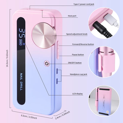 35000RPM Electric Nail Drill – Professional Rechargeable Nail File for Gel Nails, Portable Manicure Tool