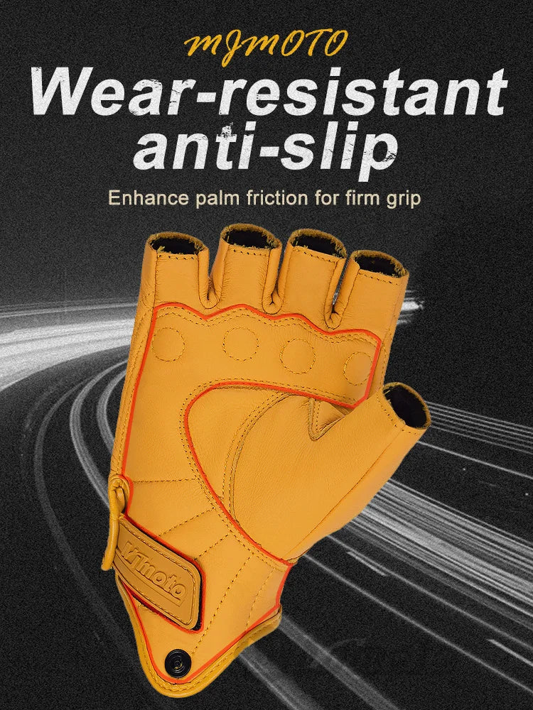 MJMOTO Retro Leather Motorcycle Half Finger Gloves – Touchscreen Motocross Gloves with Hard Shell Protection, Breathable Design
