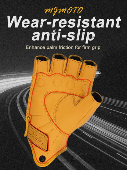 MJMOTO Retro Leather Motorcycle Half Finger Gloves – Touchscreen Motocross Gloves with Hard Shell Protection, Breathable Design
