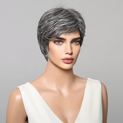 Short Pixie Cut Grey Human Hair Wig – 8 Inch Layered Fashion Wig for Women, Daily Use, Machine Made