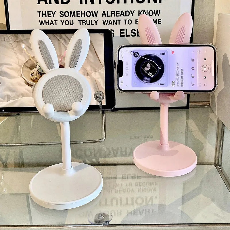 Pink Desktop Cell Phone Stand - Adjustable Lovely Rabbit Cartoon Table Support for iPhone 13, 14, Samsung Smartphone