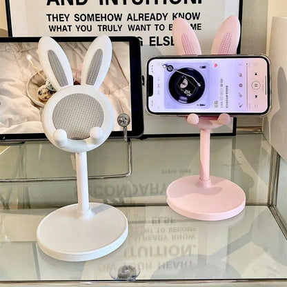 Pink Desktop Cell Phone Stand - Adjustable Lovely Rabbit Cartoon Table Support for iPhone 13, 14, Samsung Smartphone