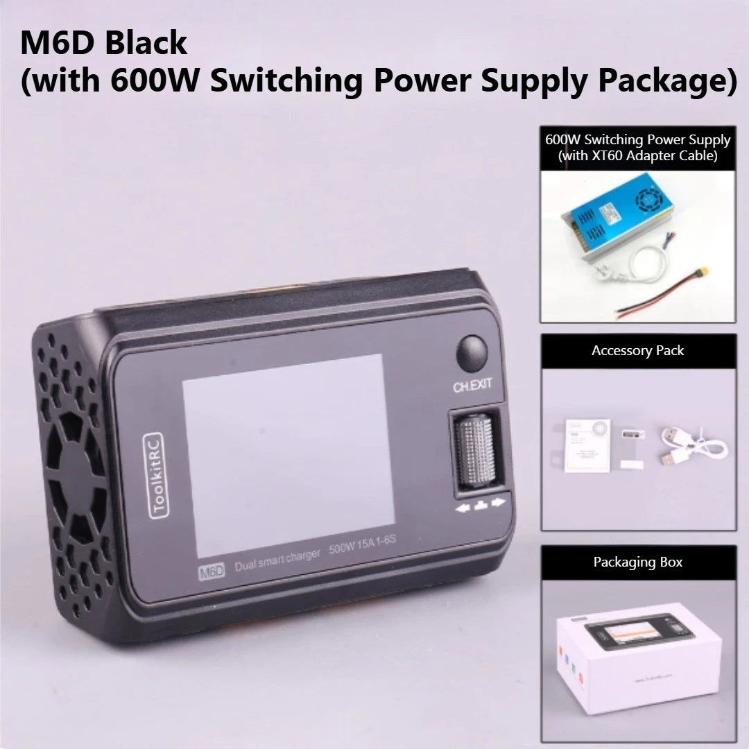 ToolkitRC M6D 500W Smart Charger - 15A Dual DC Charger & Discharger for 1-6S LiPo, LiHV, Li-Ion, NiMH & Pb Batteries