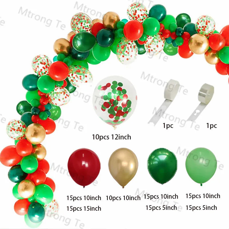 Christmas Balloon Garland Arch – Red & Green Balloons, Star, Santa, and Gift Box Foil Balloons for Xmas and New Year Decoration