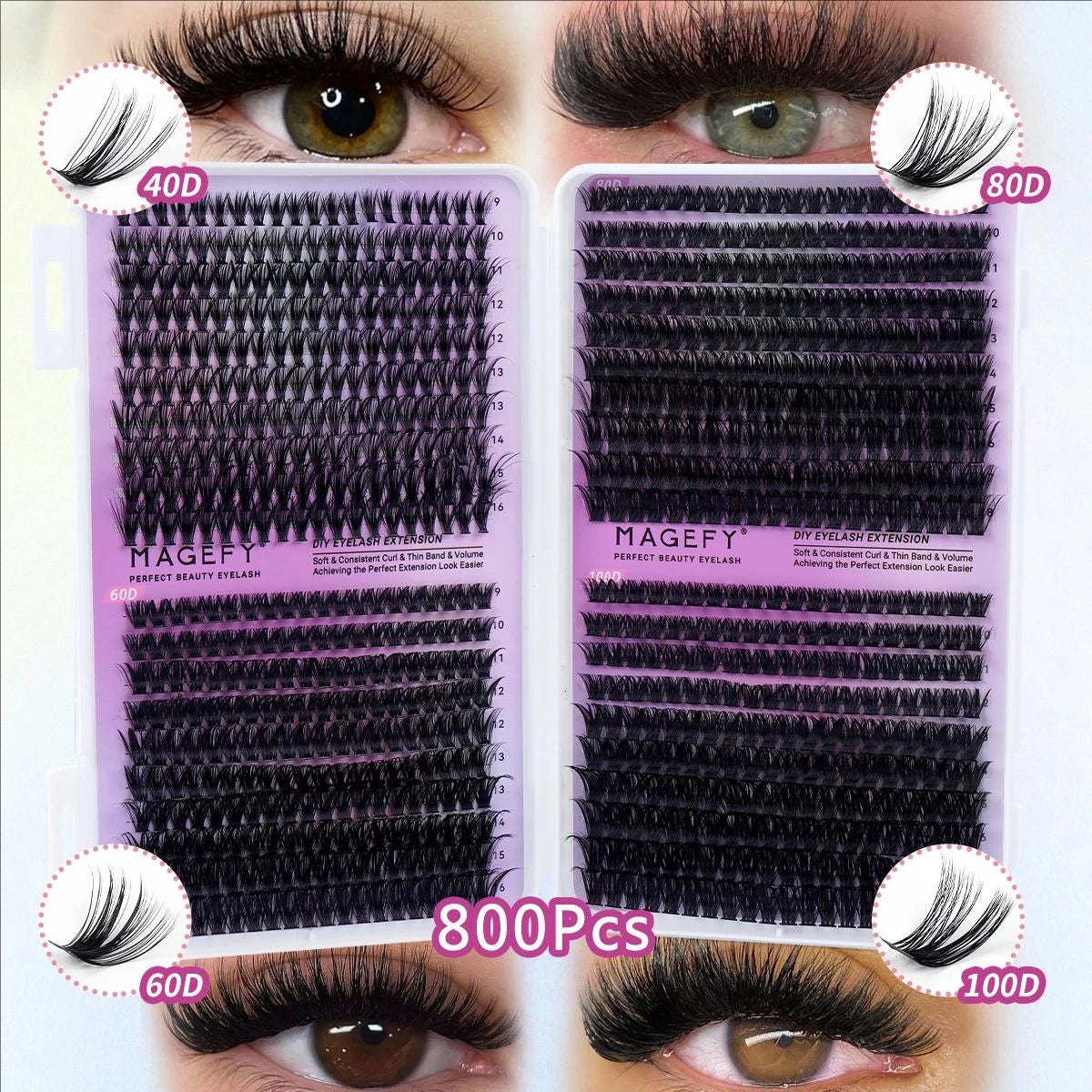 MJ DIY Lash Extensions Kit – 640pcs Wispy Lash Clusters 80D/100D, Mix 9-18mm Individual Cluster Eyelash Extensions