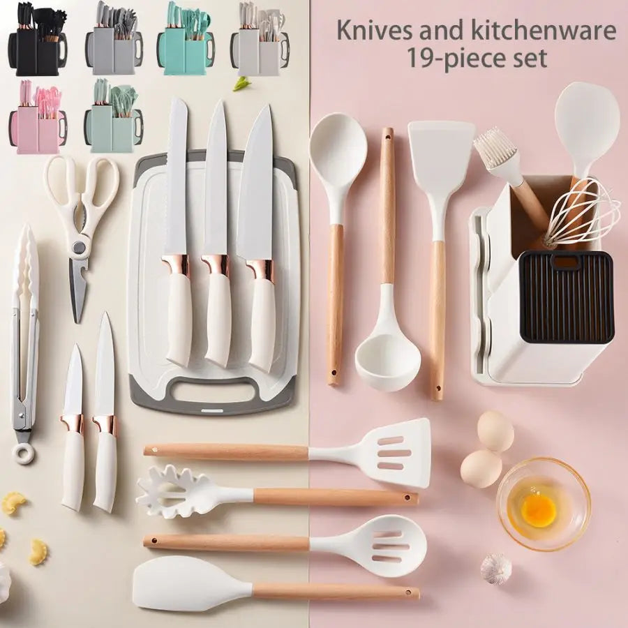 19-Piece Food Grade Silicone Kitchenware Set – Cooking Spoon, Shovel, Cutting Board, Fruit Knife & Chef Knife