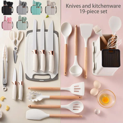 19-Piece Food Grade Silicone Kitchenware Set – Cooking Spoon, Shovel, Cutting Board, Fruit Knife & Chef Knife