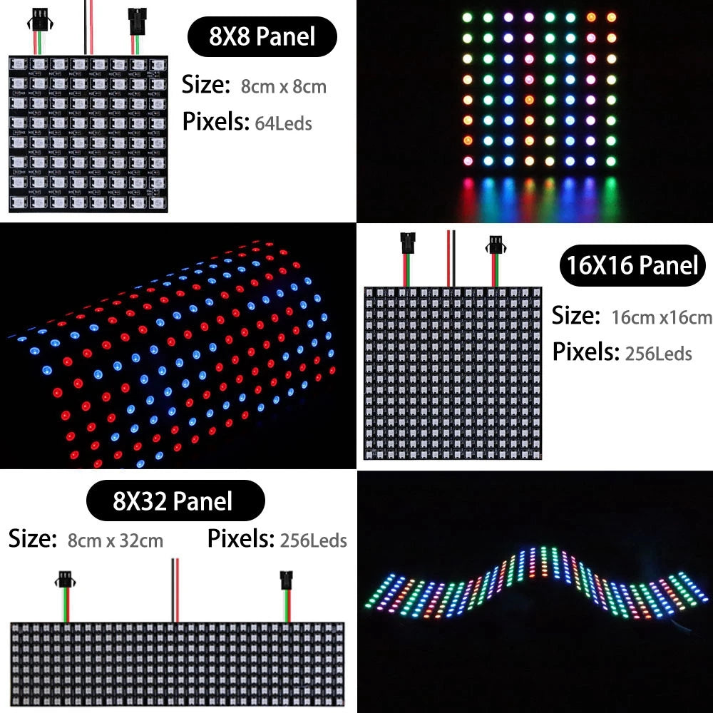 WS2812B RGB LED Pixel Matrix Panel - Individually Addressable Flexible 8×8, 16×16 or 8×32 LED Screen, DC 5V