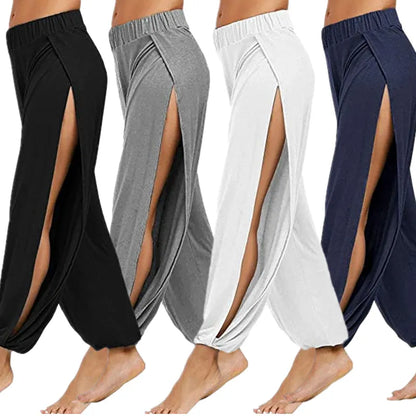 Women's Fashion Yoga Pants: High-Waisted Slit Wide Leg Harem Pants, Gym Leggings Casual Solid Hollow Workout Trousers for Gym and Home Wear