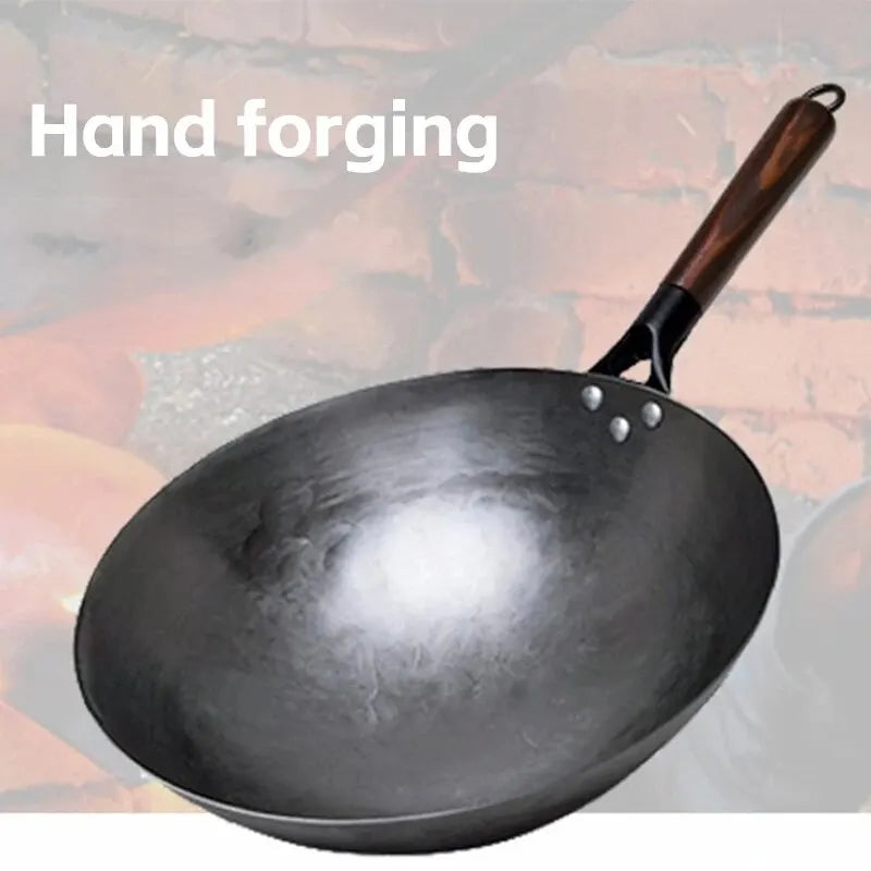 30cm Traditional Hand-Forged Iron Frying Pan, Non-Coated with Wooden Handle, Old-Style Household Cookware