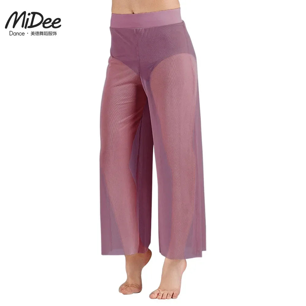 Women’s Lyrical Mesh Wide Leg Dance Pants – High Waist Modern Ballet Palazzo Trousers Contemporary Dance Costume Plus Size