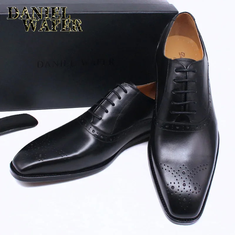 Men’s Genuine Leather Oxford Shoes - Brown and Black Snake Print Lace-Up Business Wedding Dress Shoes