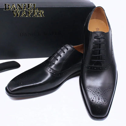 Men’s Genuine Leather Oxford Shoes - Brown and Black Snake Print Lace-Up Business Wedding Dress Shoes