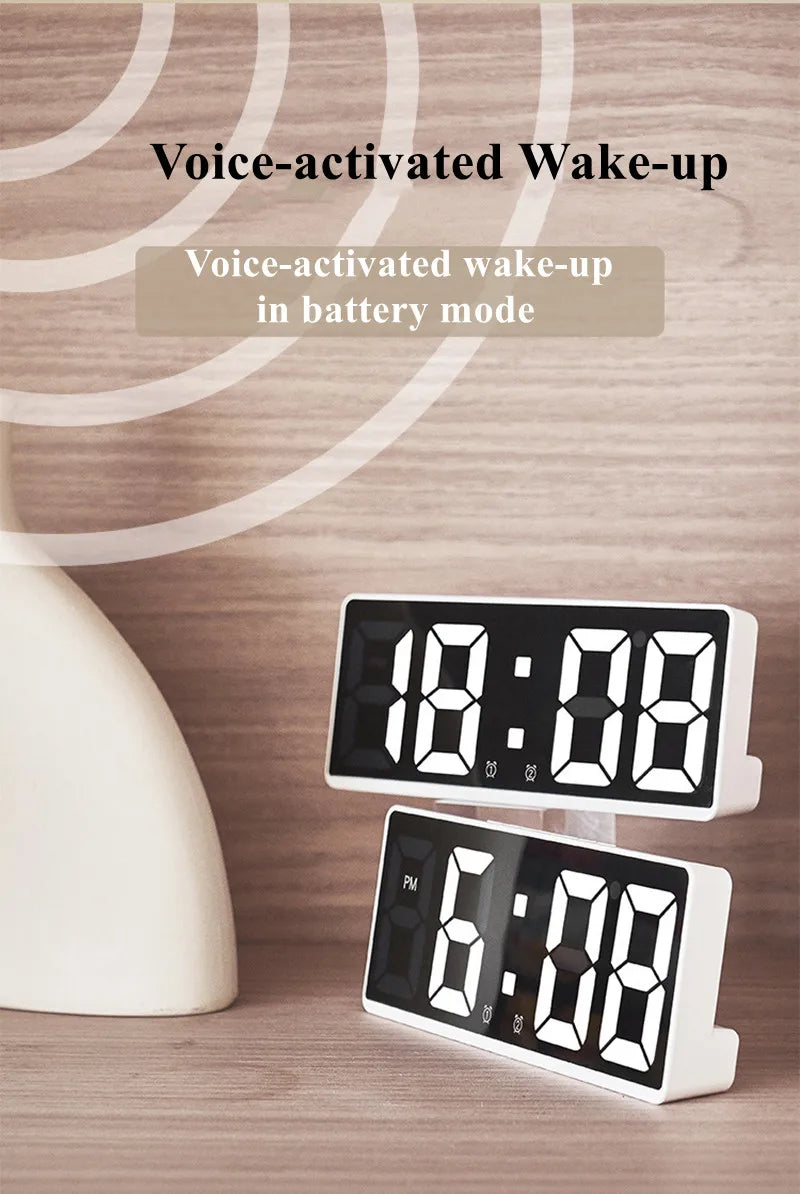 Acrylic/Mirror Digital Alarm Clock - Voice Control, Battery Powered Table Clock with Snooze & Night Mode - 12/24H LED Electronic Clocks