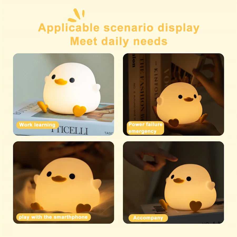 Cartoon Duck Silicone LED Night Light: Cute Animal Lamp with Touch Sensor Timing - USB Rechargeable, Perfect for Children, Birthday Gifts