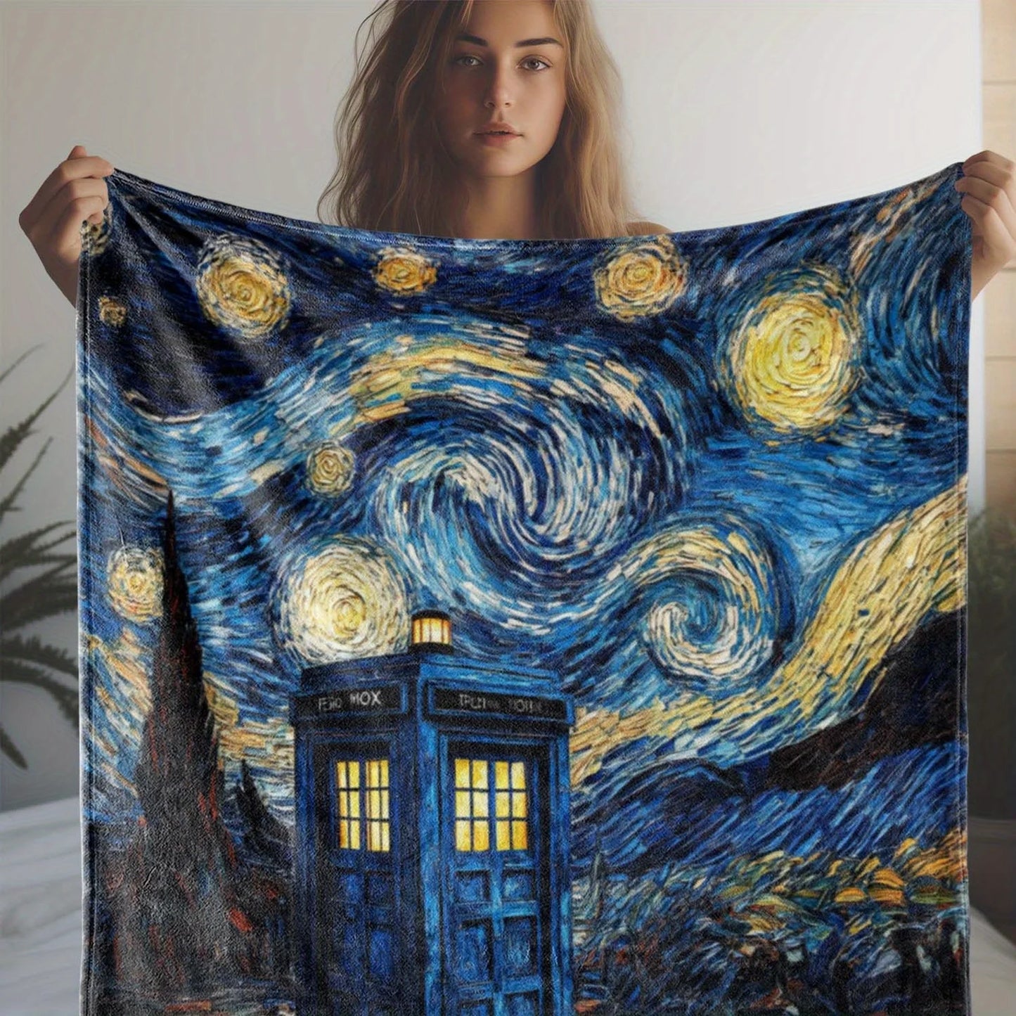 Starry Night TARDIS Fleece Blanket – Soft Cozy Doctor Who Throw for Bed, Sofa, Car, and Office