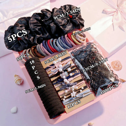 1085PCS Dark Hair Accessories Set - Seamless Ponytail Holders, Scrunchies, Hairbands & Ties for Women