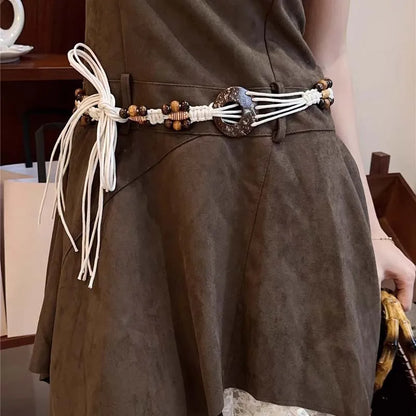 Women’s Vintage Woven Waist Chain - Handmade Brown Beaded Belly Chain Body Jewelry for Jeans, Dresses & Fashion Accessories