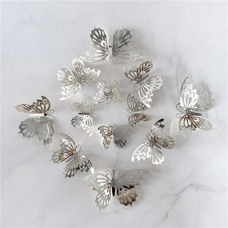 12PCS 3D Hollow Butterfly Wall Stickers – Gold, Silver & Rose Decorative Decals for Wedding, Living Room & Home Decor