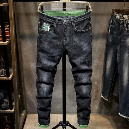 Luxury Korean Streetwear Slim Fit Denim Jeans – Punk Style with 3D Embroidery for Spring & Autumn