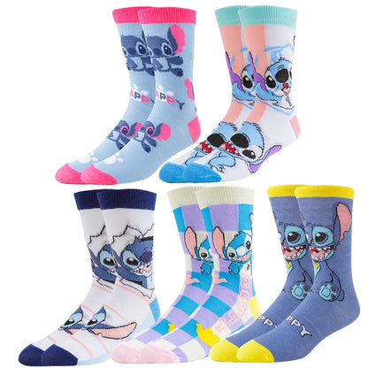 5/6 Pairs Miniso Disney Lilo & Stitch Socks – Hip Hop Street Style Anime Crew Socks for Men and Women, Novelty Cute Casual Socks