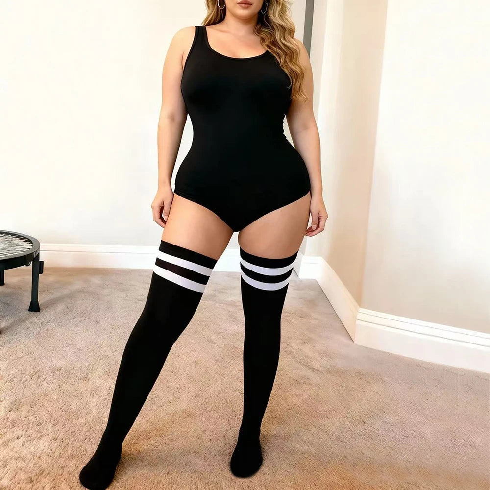 Plus Size Thigh High Socks - Extra Long Wide Stripe Knit Stockings for Women with Thick Thighs