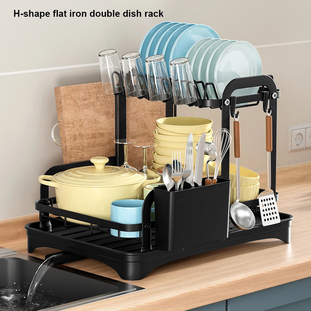 2 Tier Dish Drying Rack with Drain Basket - Kitchen Countertop Dinnerware Organizer | Dish & Bowl Drainer Storage Rack with Drainboard