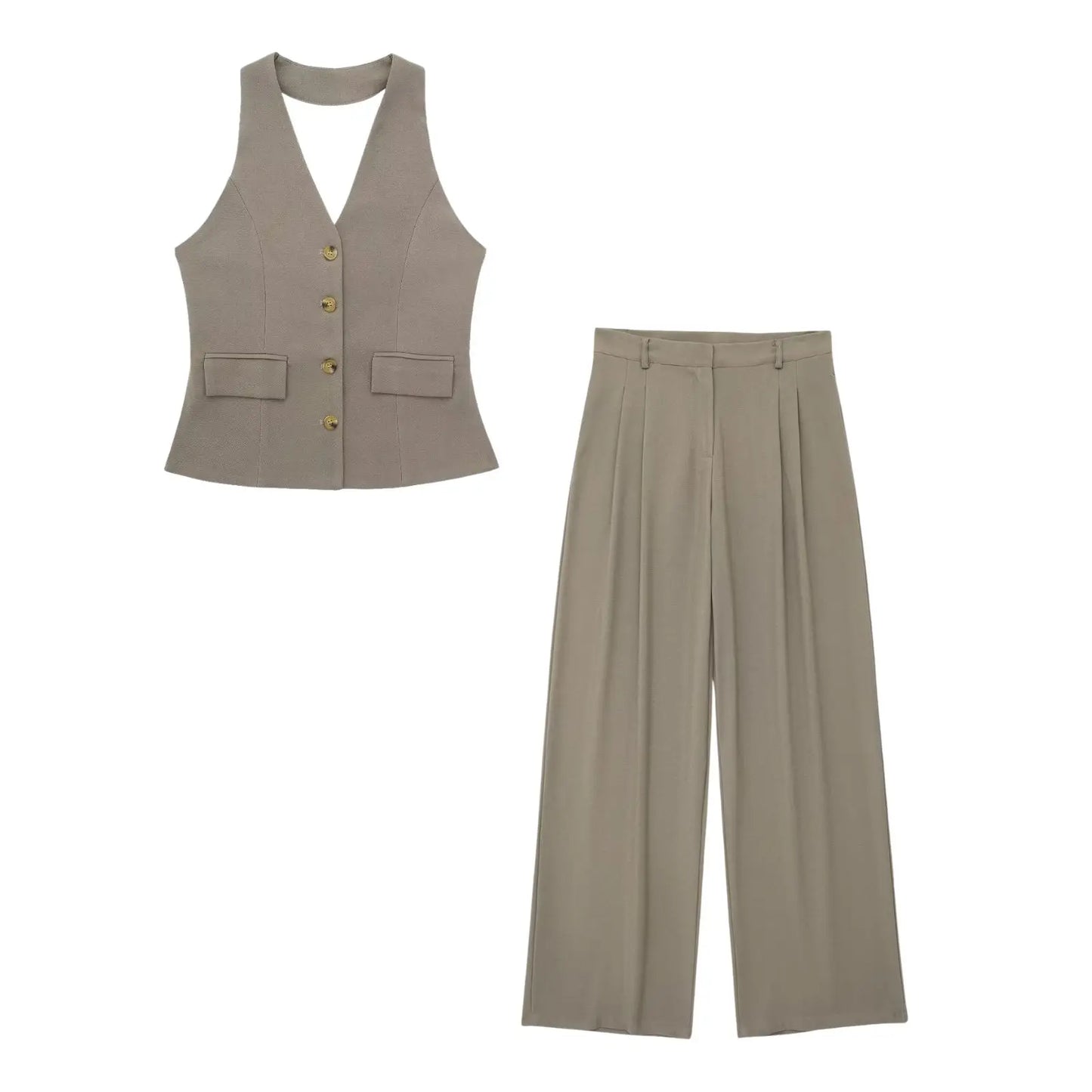 TRAFZA Women’s 2-Piece Set — Sleeveless Halter Vest Top with High-Waist Wide Leg Pants & Zipper Pockets