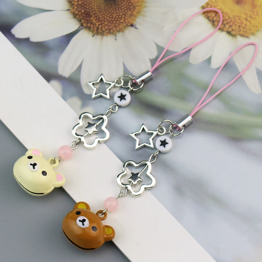 Cute Rilakkuma Bear Bell Phone Charm – Y2K Handmade Star Hanging Chain, Kawaii Beaded Mobile Pendant, Keychain & Cardbook Decoration