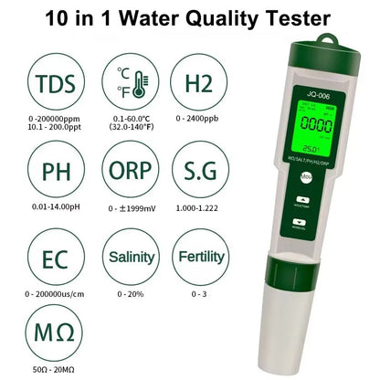 10-in-1 Digital Water Quality Tester — pH/EC/TDS/ORP/H₂/Fertility/Salinity/SG/Resistivity/Temp Meter for Aquariums, Pools & Hydroponics
