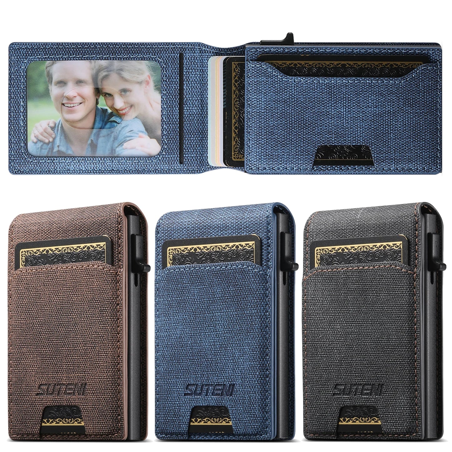 Push-Out PU Leather Card Holder Wallet – Large Capacity for 1–12 Cards & 1 Photo, Black/Brown/Blue