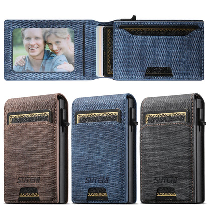 Push-Out PU Leather Card Holder Wallet – Large Capacity for 1–12 Cards & 1 Photo, Black/Brown/Blue