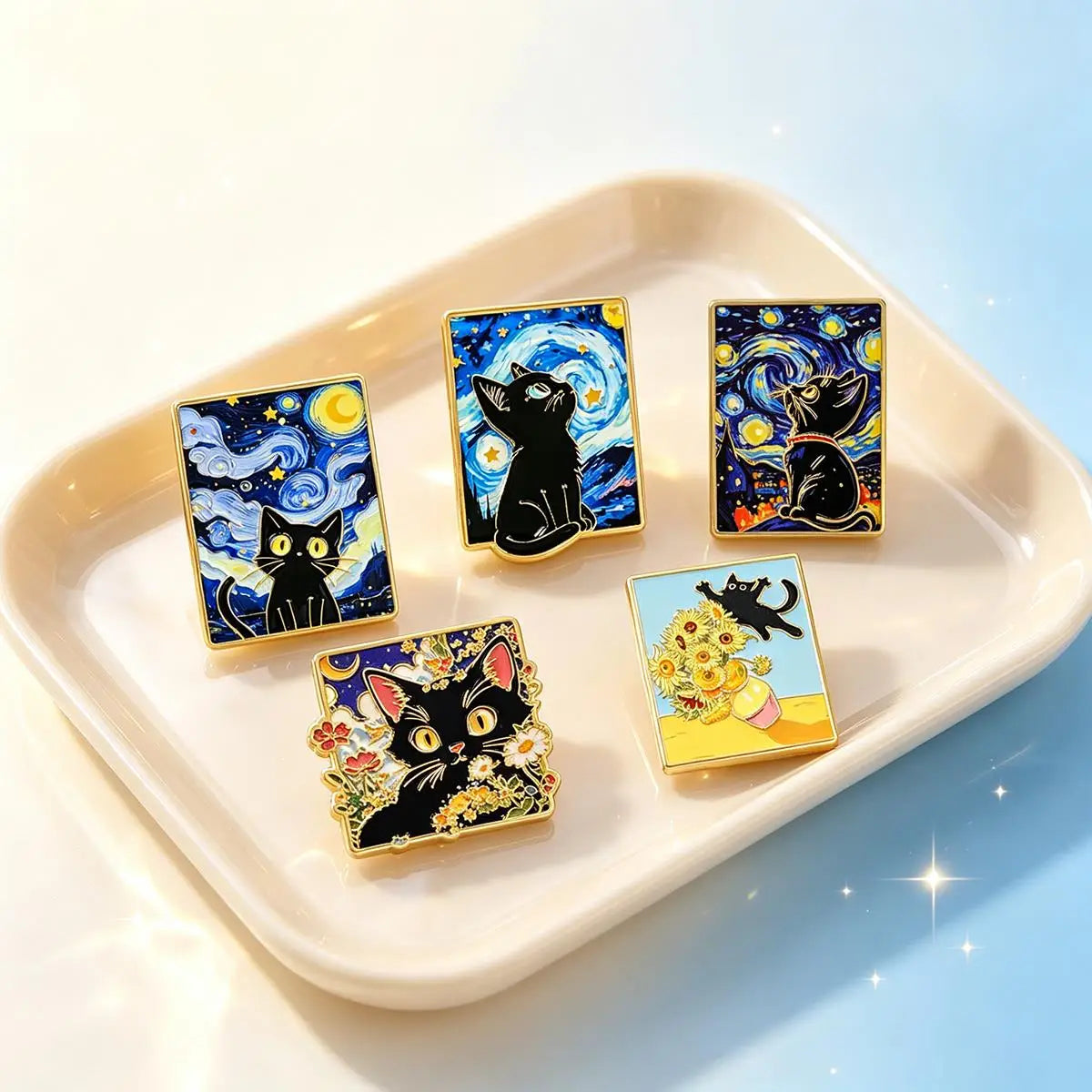 5-Piece Van Gogh Art Black Cat Enamel Pin Set - Cartoon Metal Brooches for Backpacks, Clothing, and Art Lovers’ Gifts