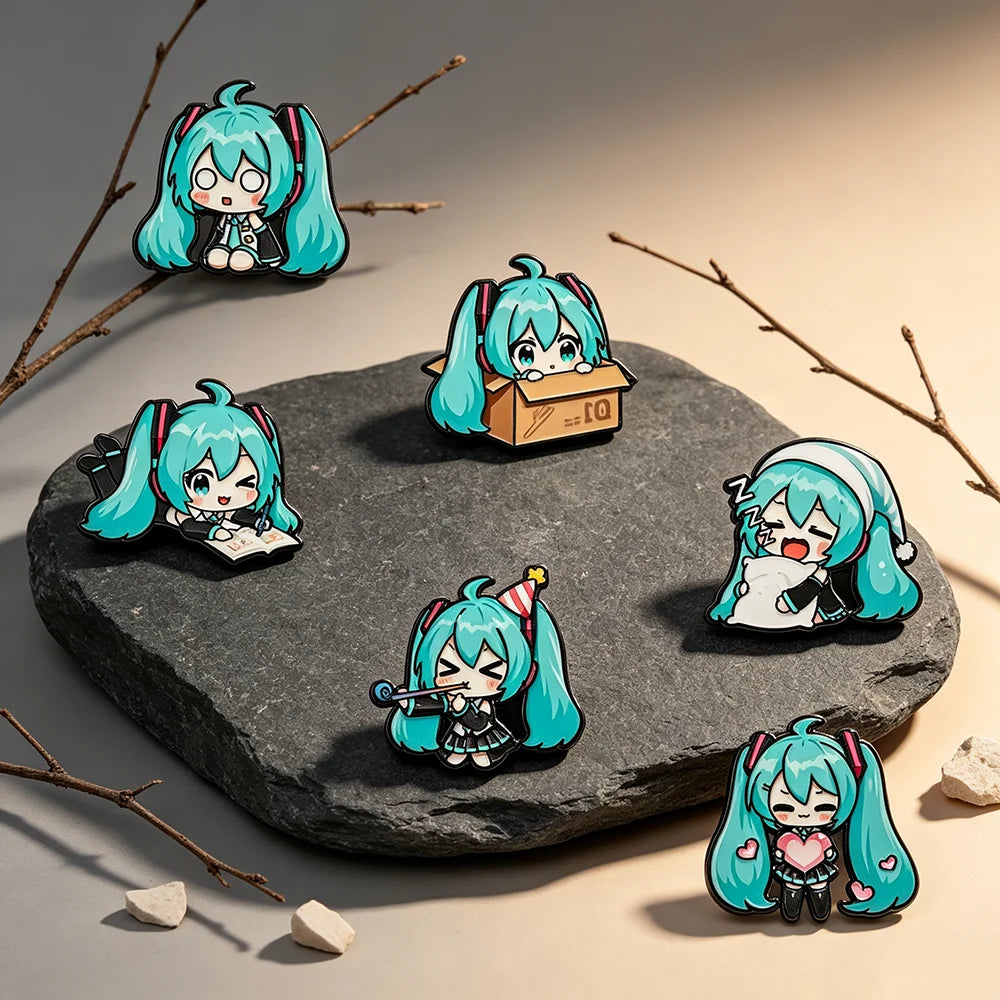 6-Piece Kawaii Chibi Vocaloid Enamel Pin Set - Cute Anime Metal Lapel Badges for Backpacks & Gifts