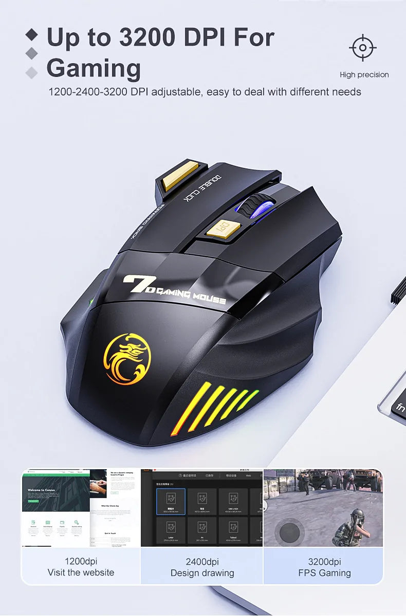 IMICE GW-X7 Wireless Gaming Mouse | 3200DPI, Dual Mode, Rechargeable, 7 Keys, Silent, Bluetooth, 7-Color LED