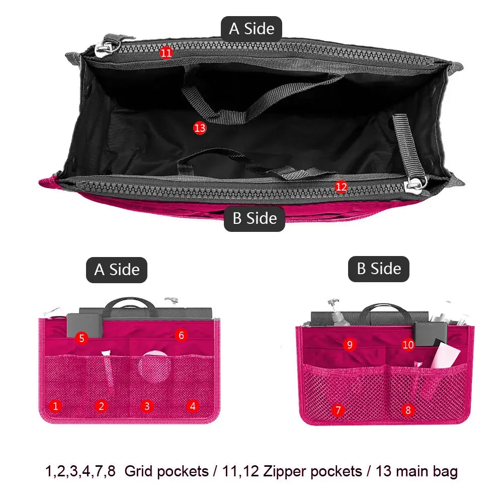 Women’s Nylon Cosmetic Organizer Bag – Foldable Large Capacity Travel Makeup Insert Handbag Tote Organizer Liner Bag