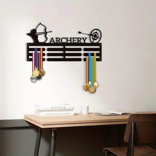Vintage Archery Medal Display Rack - Gold Black Wall Mounted Award Holder with Custom Hooks