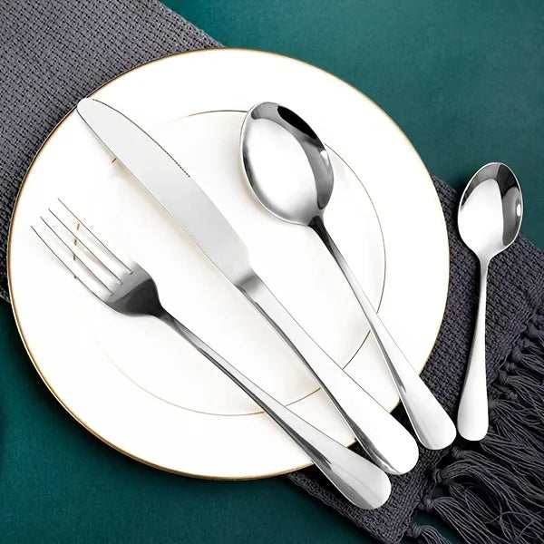 24-Piece Stainless Steel Black Flatware Set — Elegant Knife, Fork & Spoon Cutlery with Mirror Polish, Gold Accents, Dishwasher Safe