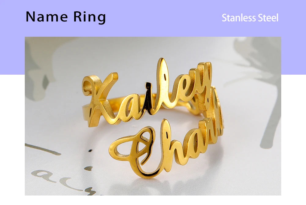 Custom Fishhook Double Name Finger Ring - Personalized Family & Couple Love Gift for Women & Men, Gold Stainless Steel Jewelry